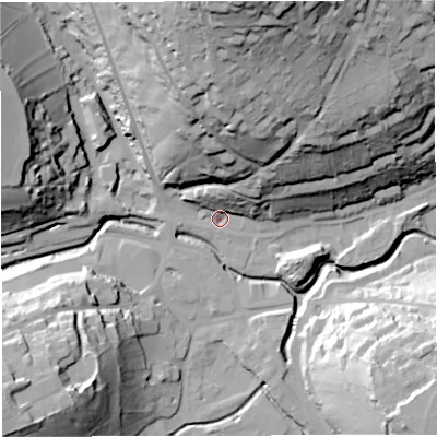 Shaded relief map of the ground around BA33EP, computed from Environment Agency LiDAR. The ground here sits at about 69 m above sea level and falls 69 m across the surrounding 800 m. Surface water reaching this point runs off ground lying to the north, 62.3 m higher.