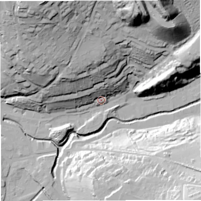 Shaded relief map of the ground around BA33ER, computed from Environment Agency LiDAR. The ground here sits at about 72 m above sea level and falls 76 m across the surrounding 800 m. Surface water reaching this point runs off ground lying to the north-north-west, 64.7 m higher.