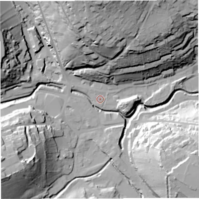 Shaded relief map of the ground around BA33FF, computed from Environment Agency LiDAR. The ground here sits at about 69 m above sea level and falls 58 m across the surrounding 800 m. Surface water reaching this point runs off ground lying to the north, 53.8 m higher.
