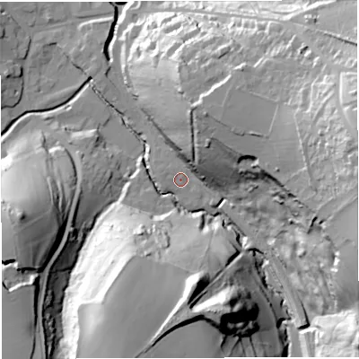 Shaded relief map of the ground around BA33FS, computed from Environment Agency LiDAR. The ground here sits at about 72 m above sea level and falls 62 m across the surrounding 800 m. Surface water reaching this point runs off ground lying to the north-east, 33.4 m higher.