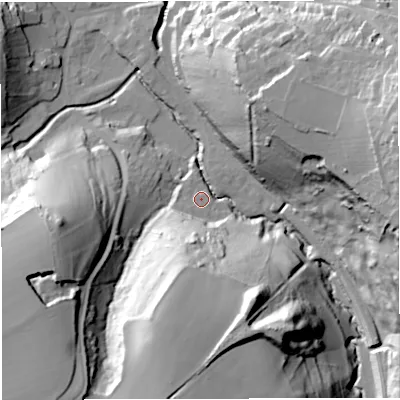 Shaded relief map of the ground around BA33FT, computed from Environment Agency LiDAR. The ground here sits at about 73 m above sea level and falls 51 m across the surrounding 800 m. Surface water reaching this point runs off ground lying to the east-north-east, 47.5 m higher.
