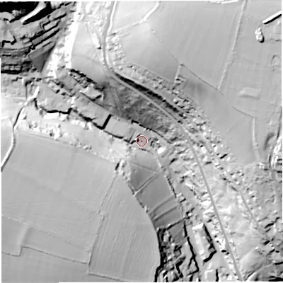 Shaded relief map of the ground around BA33GH, computed from Environment Agency LiDAR. The ground here sits at about 82 m above sea level and falls 81 m across the surrounding 800 m. Surface water reaching this point runs off ground lying to the north-west, 62.9 m higher.