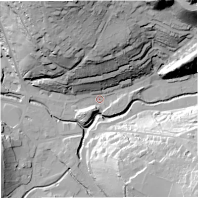 Shaded relief map of the ground around BA33HL, computed from Environment Agency LiDAR. The ground here sits at about 68 m above sea level and falls 72 m across the surrounding 800 m. Surface water reaching this point runs off ground lying to the north-north-west, 60.3 m higher.