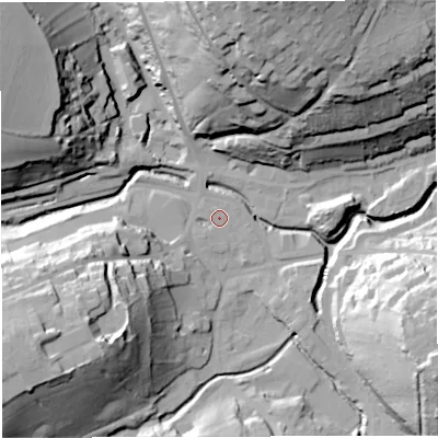 Shaded relief map of the ground around BA33PJ, computed from Environment Agency LiDAR. The ground here sits at about 69 m above sea level and falls 54 m across the surrounding 800 m. Surface water reaching this point runs off ground lying to the west-south-west, 3.1 m higher.