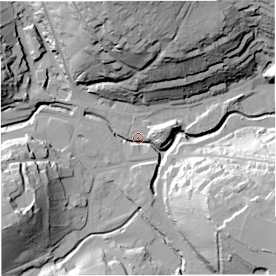 Shaded relief map of the ground around BA33PS, computed from Environment Agency LiDAR. The ground here sits at about 68 m above sea level and falls 53 m across the surrounding 800 m. Surface water reaching this point runs off ground lying to the north, 51.5 m higher.