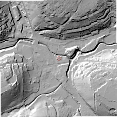Shaded relief map of the ground around BA33PT, computed from Environment Agency LiDAR. The ground here sits at about 69 m above sea level and falls 50 m across the surrounding 800 m. Surface water reaching this point runs off ground lying to the north-north-west, 48.8 m higher.