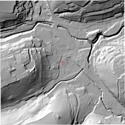 Shaded relief map of the ground around BA33QG, computed from Environment Agency LiDAR. The ground here sits at about 69 m above sea level and falls 44 m across the surrounding 800 m. Surface water reaching this point runs off ground lying to the south, 41.8 m higher.