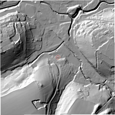 Shaded relief map of the ground around BA33QH, computed from Environment Agency LiDAR. The ground here sits at about 69 m above sea level and falls 47 m across the surrounding 800 m. Surface water reaching this point runs off ground lying to the south-south-east, 5.1 m higher.