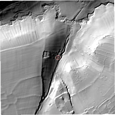Shaded relief map of the ground around BA34DU, computed from Environment Agency LiDAR. The ground here sits at about 119 m above sea level and falls 58 m across the surrounding 800 m. Surface water reaching this point runs off ground lying to the south-east, 43.5 m higher.