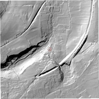 Shaded relief map of the ground around BA34EN, computed from Environment Agency LiDAR. The ground here sits at about 152 m above sea level and falls 56 m across the surrounding 800 m. Surface water reaching this point runs off ground lying to the south, 24.0 m higher.