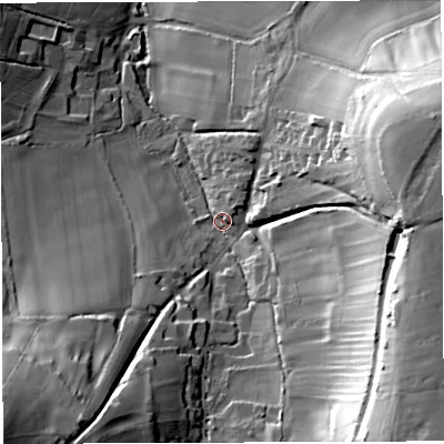 Shaded relief map of the ground around BA34HF, computed from Environment Agency LiDAR. The ground here sits at about 129 m above sea level and falls 52 m across the surrounding 800 m. Surface water reaching this point runs off ground lying to the south-east, 44.3 m higher.