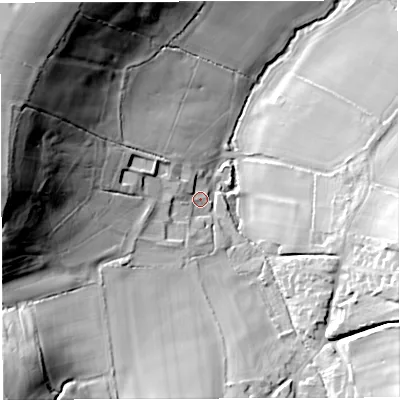 Shaded relief map of the ground around BA34HP, computed from Environment Agency LiDAR. The ground here sits at about 126 m above sea level and falls 59 m across the surrounding 800 m. Surface water reaching this point runs off ground lying to the west-north-west, 45.5 m higher.