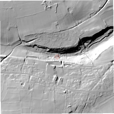 Shaded relief map of the ground around BA34JS, computed from Environment Agency LiDAR. The ground here sits at about 165 m above sea level and falls 57 m across the surrounding 800 m. Surface water reaching this point runs off ground lying to the south-south-west, 39.7 m higher.