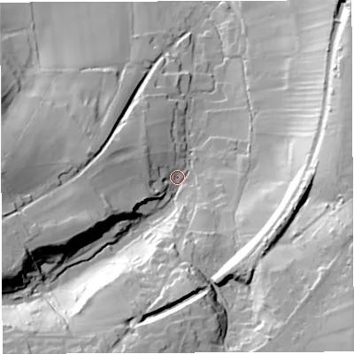 Shaded relief map of the ground around BA34LB, computed from Environment Agency LiDAR. The ground here sits at about 141 m above sea level and falls 54 m across the surrounding 800 m. Surface water reaching this point runs off ground lying to the south-south-west, 42.9 m higher.