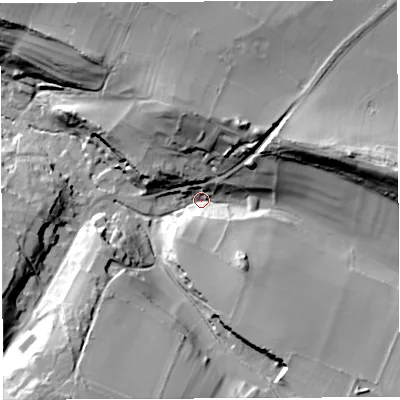 Shaded relief map of the ground around BA34NG, computed from Environment Agency LiDAR. The ground here sits at about 142 m above sea level and falls 42 m across the surrounding 800 m. Surface water reaching this point runs off ground lying to the east, 35.0 m higher.