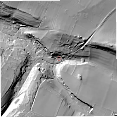 Shaded relief map of the ground around BA34NQ, computed from Environment Agency LiDAR. The ground here sits at about 140 m above sea level and falls 41 m across the surrounding 800 m. Surface water reaching this point runs off ground lying to the east-north-east, 34.7 m higher.