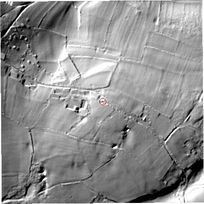Shaded relief map of the ground around BA34NZ, computed from Environment Agency LiDAR. The ground here sits at about 201 m above sea level and falls 67 m across the surrounding 800 m. Surface water reaching this point runs off ground lying to the south, 3.8 m higher.