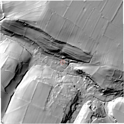 Shaded relief map of the ground around BA34PD, computed from Environment Agency LiDAR. The ground here sits at about 137 m above sea level and falls 44 m across the surrounding 800 m. Surface water reaching this point runs off ground lying to the north-north-east, 29.6 m higher.