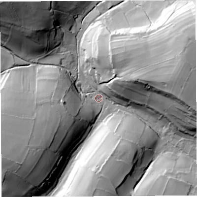Shaded relief map of the ground around BA34PH, computed from Environment Agency LiDAR. The ground here sits at about 126 m above sea level and falls 50 m across the surrounding 800 m. Surface water reaching this point runs off ground lying to the east-north-east, 43.8 m higher.