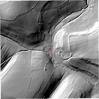 Shaded relief map of the ground around BA34PJ, computed from Environment Agency LiDAR. The ground here sits at about 124 m above sea level and falls 57 m across the surrounding 800 m. Surface water reaching this point runs off ground lying to the north-west, 48.9 m higher.