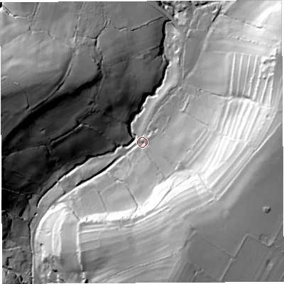 Shaded relief map of the ground around BA34PL, computed from Environment Agency LiDAR. The ground here sits at about 119 m above sea level and falls 61 m across the surrounding 800 m. Surface water reaching this point runs off ground lying to the east-south-east, 54.6 m higher.