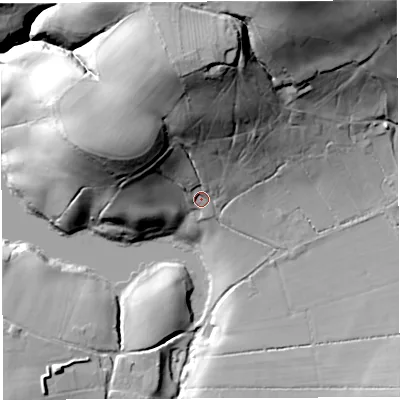 Shaded relief map of the ground around BA34PS, computed from Environment Agency LiDAR. The ground here sits at about 114 m above sea level and falls 56 m across the surrounding 800 m. Surface water reaching this point runs off ground lying to the north, 39.2 m higher.