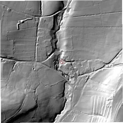 Shaded relief map of the ground around BA34PW, computed from Environment Agency LiDAR. The ground here sits at about 109 m above sea level and falls 66 m across the surrounding 800 m. Surface water reaching this point runs off ground lying to the south-east, 61.8 m higher.