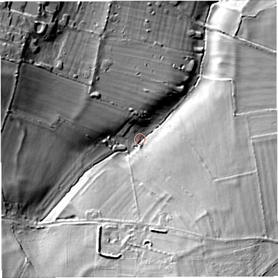 Shaded relief map of the ground around BA34QE, computed from Environment Agency LiDAR. The ground here sits at about 115 m above sea level and falls 30 m across the surrounding 800 m. Surface water reaching this point runs off ground lying to the south-south-east, 20.0 m higher.