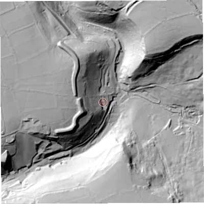 Shaded relief map of the ground around BA34TD, computed from Environment Agency LiDAR. The ground here sits at about 178 m above sea level and falls 61 m across the surrounding 800 m. Surface water reaching this point runs off ground lying to the west, 45.6 m higher.