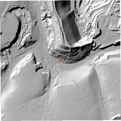 Shaded relief map of the ground around BA34TG, computed from Environment Agency LiDAR. The ground here sits at about 195 m above sea level and falls 79 m across the surrounding 800 m. Surface water reaching this point runs off ground lying to the north, 44.9 m higher.