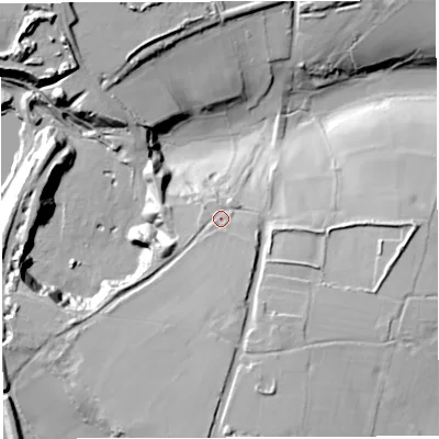 Shaded relief map of the ground around BA34TZ, computed from Environment Agency LiDAR. The ground here sits at about 208 m above sea level and falls 45 m across the surrounding 800 m. Surface water reaching this point runs off ground lying to the south, 17.6 m higher.