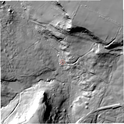Shaded relief map of the ground around BA35BH, computed from Environment Agency LiDAR. The ground here sits at about 155 m above sea level and falls 71 m across the surrounding 800 m. Surface water reaching this point runs off ground lying to the north-east, 68.3 m higher.