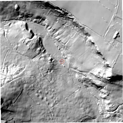 Shaded relief map of the ground around BA35BJ, computed from Environment Agency LiDAR. The ground here sits at about 155 m above sea level and falls 72 m across the surrounding 800 m. Surface water reaching this point runs off ground lying to the east-north-east, 68.2 m higher.