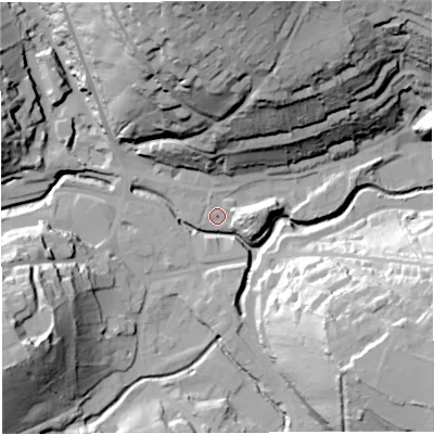 Shaded relief map of the ground around BA35FW, computed from Environment Agency LiDAR. The ground here sits at about 68 m above sea level and falls 55 m across the surrounding 800 m. Surface water reaching this point runs off ground lying to the north, 51.6 m higher.