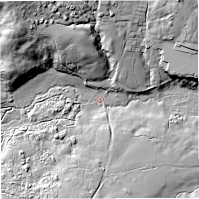 Shaded relief map of the ground around BA35HG, computed from Environment Agency LiDAR. The ground here sits at about 127 m above sea level and falls 47 m across the surrounding 800 m. Surface water reaching this point runs off ground lying to the north-west, 39.8 m higher.