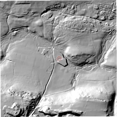 Shaded relief map of the ground around BA35HP, computed from Environment Agency LiDAR. The ground here sits at about 142 m above sea level and falls 69 m across the surrounding 800 m. Surface water reaching this point runs off ground lying to the south-south-east, 2.3 m higher.