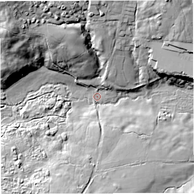 Shaded relief map of the ground around BA35HQ, computed from Environment Agency LiDAR. The ground here sits at about 127 m above sea level and falls 48 m across the surrounding 800 m. Surface water reaching this point runs off ground lying to the north-west, 44.8 m higher.