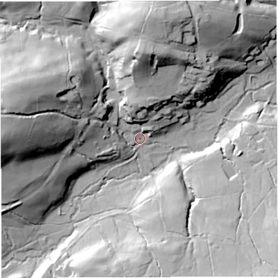 Shaded relief map of the ground around BA35LR, computed from Environment Agency LiDAR. The ground here sits at about 116 m above sea level and falls 53 m across the surrounding 800 m. Surface water reaching this point runs off ground lying to the west-north-west, 48.3 m higher.