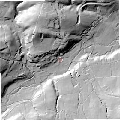 Shaded relief map of the ground around BA35LU, computed from Environment Agency LiDAR. The ground here sits at about 114 m above sea level and falls 42 m across the surrounding 800 m. Surface water reaching this point runs off ground lying to the north-west, 35.5 m higher.