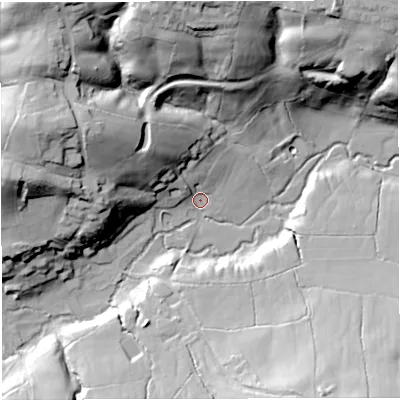 Shaded relief map of the ground around BA35LY, computed from Environment Agency LiDAR. The ground here sits at about 112 m above sea level and falls 48 m across the surrounding 800 m. Surface water reaching this point runs off ground lying to the north-west, 31.3 m higher.