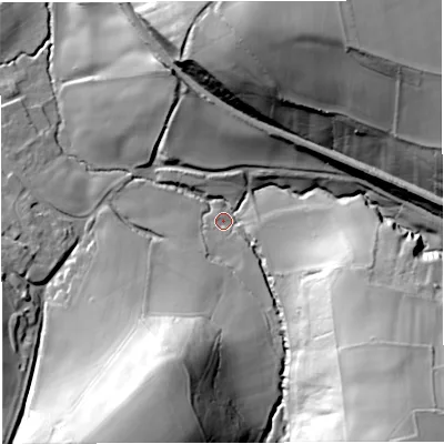 Shaded relief map of the ground around BA35SS, computed from Environment Agency LiDAR. The ground here sits at about 88 m above sea level and falls 54 m across the surrounding 800 m. Surface water reaching this point runs off ground lying to the south-east, 41.0 m higher.