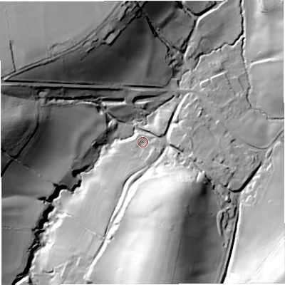 Shaded relief map of the ground around BA35SY, computed from Environment Agency LiDAR. The ground here sits at about 90 m above sea level and falls 51 m across the surrounding 800 m. Surface water reaching this point runs off ground lying to the south, 44.1 m higher.