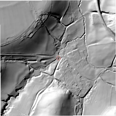 Shaded relief map of the ground around BA35SZ, computed from Environment Agency LiDAR. The ground here sits at about 86 m above sea level and falls 47 m across the surrounding 800 m. Surface water reaching this point runs off ground lying to the south, 42.8 m higher.