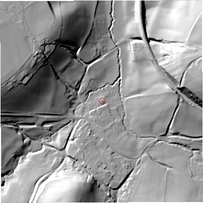 Shaded relief map of the ground around BA35TA, computed from Environment Agency LiDAR. The ground here sits at about 85 m above sea level and falls 49 m across the surrounding 800 m. Surface water reaching this point runs off ground lying to the south-south-west, 3.0 m higher.