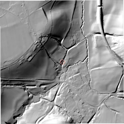 Shaded relief map of the ground around BA35TB, computed from Environment Agency LiDAR. The ground here sits at about 87 m above sea level and falls 46 m across the surrounding 800 m. Surface water reaching this point runs off ground lying to the west, 41.1 m higher.