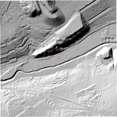 Shaded relief map of the ground around BA35TX, computed from Environment Agency LiDAR. The ground here sits at about 67 m above sea level and falls 76 m across the surrounding 800 m. Surface water reaching this point runs off ground lying to the north-north-west, 33.4 m higher.