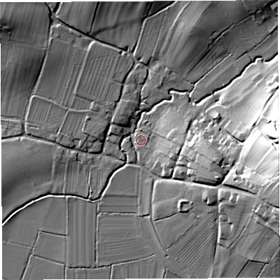 Shaded relief map of the ground around BA44AD, computed from Environment Agency LiDAR. The ground here sits at about 15 m above sea level and falls 38 m across the surrounding 800 m. Surface water reaching this point runs off ground lying to the east, 35.4 m higher.