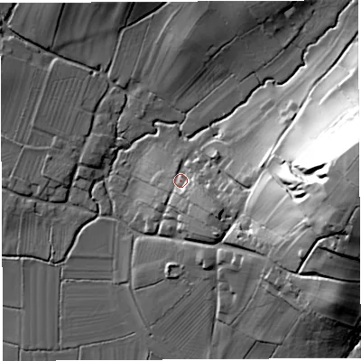 Shaded relief map of the ground around BA44AE, computed from Environment Agency LiDAR. The ground here sits at about 22 m above sea level and falls 62 m across the surrounding 800 m. Surface water reaching this point runs off ground lying to the south-east, 11.2 m higher.