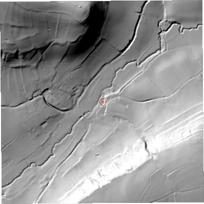 Shaded relief map of the ground around BA44AG, computed from Environment Agency LiDAR. The ground here sits at about 20 m above sea level and falls 87 m across the surrounding 800 m. Surface water reaching this point runs off ground lying to the east-south-east, 83.0 m higher.