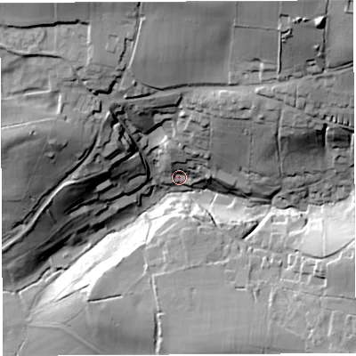 Shaded relief map of the ground around BA44BS, computed from Environment Agency LiDAR. The ground here sits at about 45 m above sea level and falls 71 m across the surrounding 800 m. Surface water reaching this point runs off ground lying to the north-north-east, 28.9 m higher.